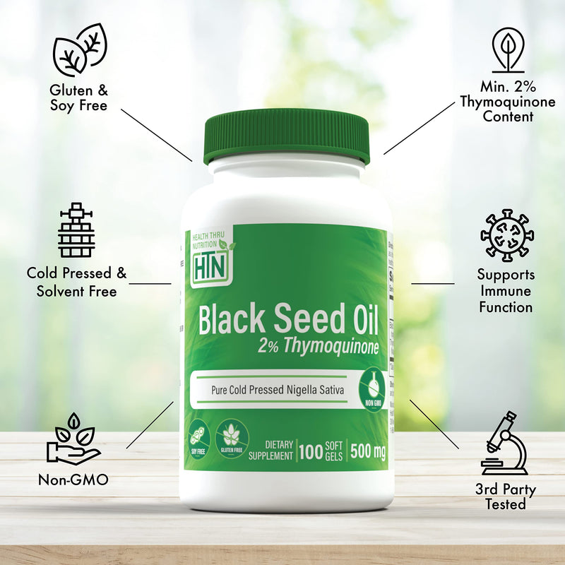 [Australia] - Health Thru Nutrition Black Seed Oil 500mg 100 Softgels | High Potency 2% Thymoquinone | 3rd Party Tested | Pure Cold Pressed | Organically Gown | Non-GMO, Gluten Free, Soy Free 100 Count (Pack of 1) 