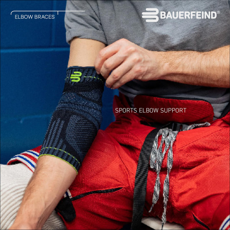 [Australia] - Bauerfeind Sports Elbow Support - Elbow Brace for Pain Relief and Support - Pads for Enhanced Comfort - Targeted Compression - Lightweight & Durable - Black/Navy, Small 