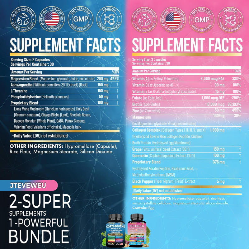 Shining Serenity Set, Cortisol Support with Ashwagandha, L-Theanine, Magnesium, Lions Mane, GABA, Bacopa Monnieri, Collagen Biotin, Keratin, Hyaluronic Acid, Quercetin