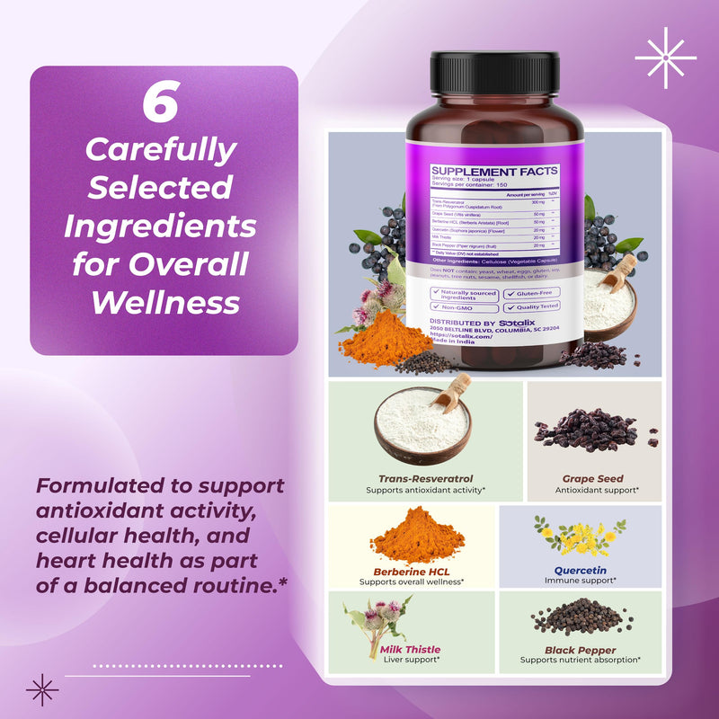 Resveratrol with Grape Seed + Quercetin Berberine + Milk Thistle Powerful Anti-Aging (150-day Supply (Pack of 1))