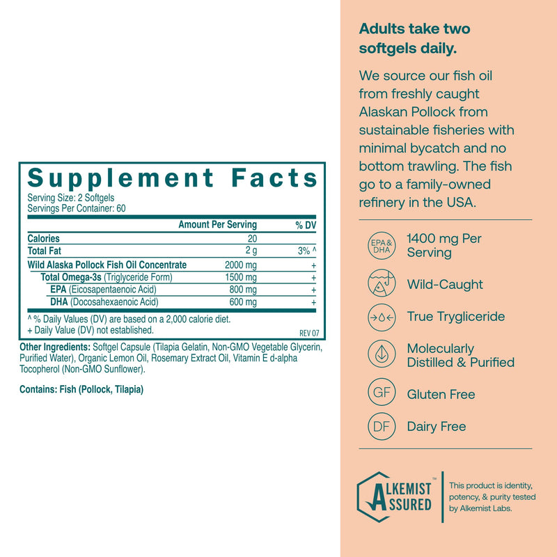 True Grace Omega-3 Fish Oil - 120 Softgels - 1400 mg EPA + DHA - Brain, Heart, Joint & Immune Health - Organic, Gluten Free, Soy Free 60 Day Supply