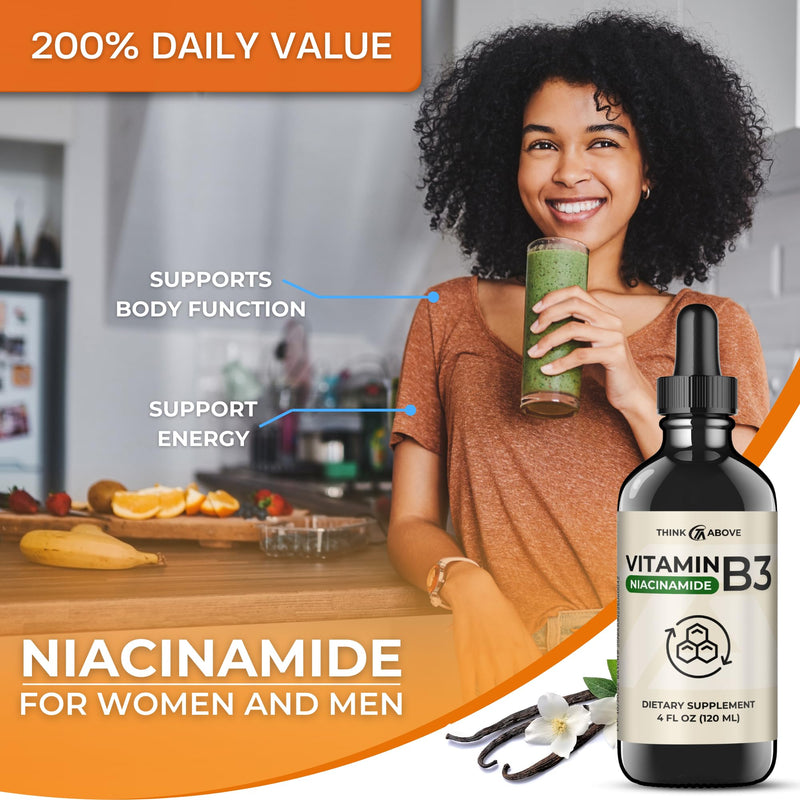 Liquid Vitamin B3 (as Niacinamide) Supplement - Non Flush Form of Niacin - Fast Absorption -Convenient Niacin Drops for Women and Men - 4 oz (120ml ) 4 Fl Oz (Pack of 1)