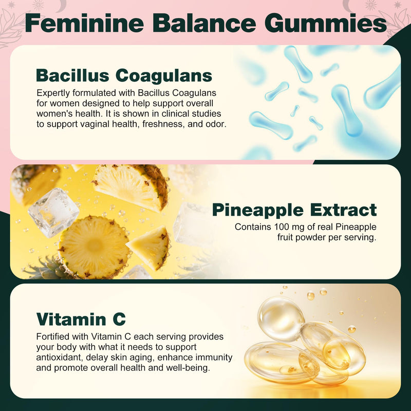 Feminine Balance Gummies - Premium Balance Gummies for Women's pH Health, Feminine Gummy for Immune & Energy Support, Vegan, Gluten-Free, Hawaiian Pineapple, 60 Count