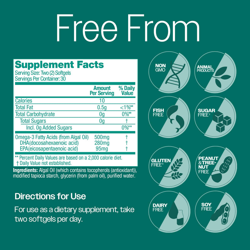 [Australia] - OVEGA-3 Plant-Based Omega-3 from Algal Oil Daily Supplement, 500mg, Supports Brain, Eye & Heart Health, Two mini softgels per Day, 60 Count 60 Count (Pack of 1) 