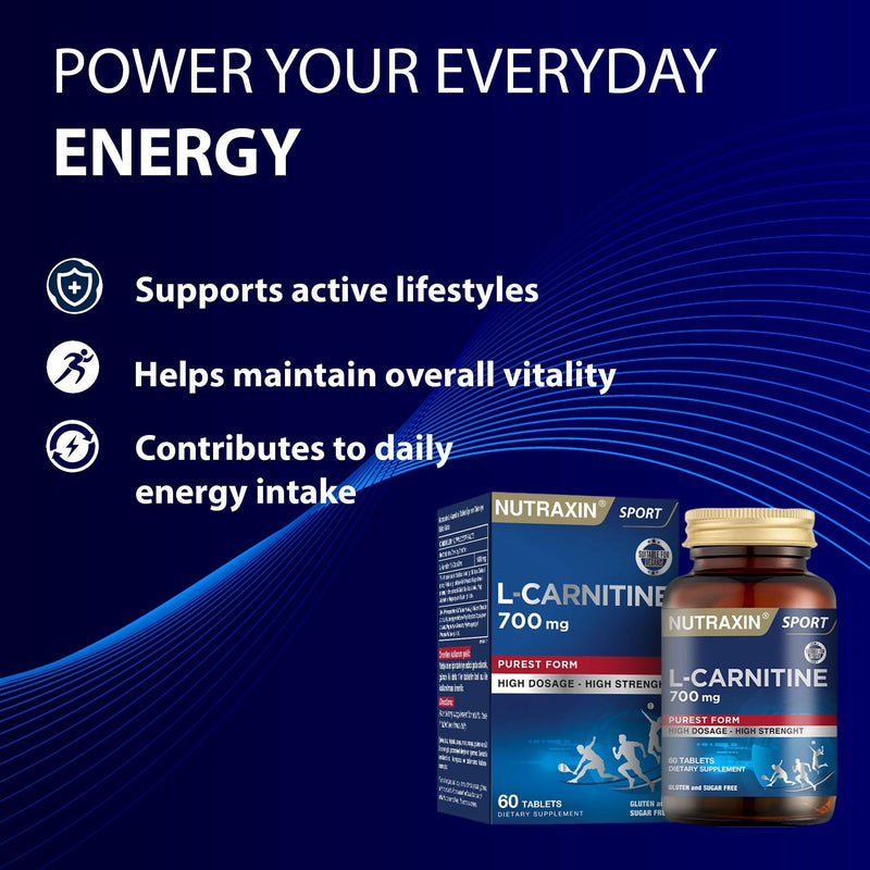 Nutraxin L-Carnitine, 60 Tablets - 1400mg L-carnitine per Serving - Allergen-Free, No Artificial Additives, Non-GMO, Halal Certified, GMP Manufactured - Take One Tablet Twice Daily