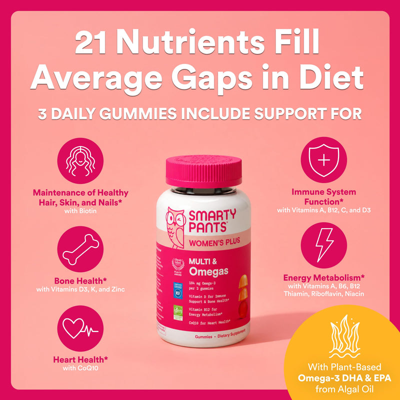 SmartyPants Women's Multivitamin Gummies, Omega 3 (DHA/EPA), Methylfolate, CoQ10, Vitamin D3, C, Vitamin B12, B6, A, K & Zinc, Inositol, Gluten Free, 120 Count (40 Day Supply) Multi + Omega - 40 Day Supply