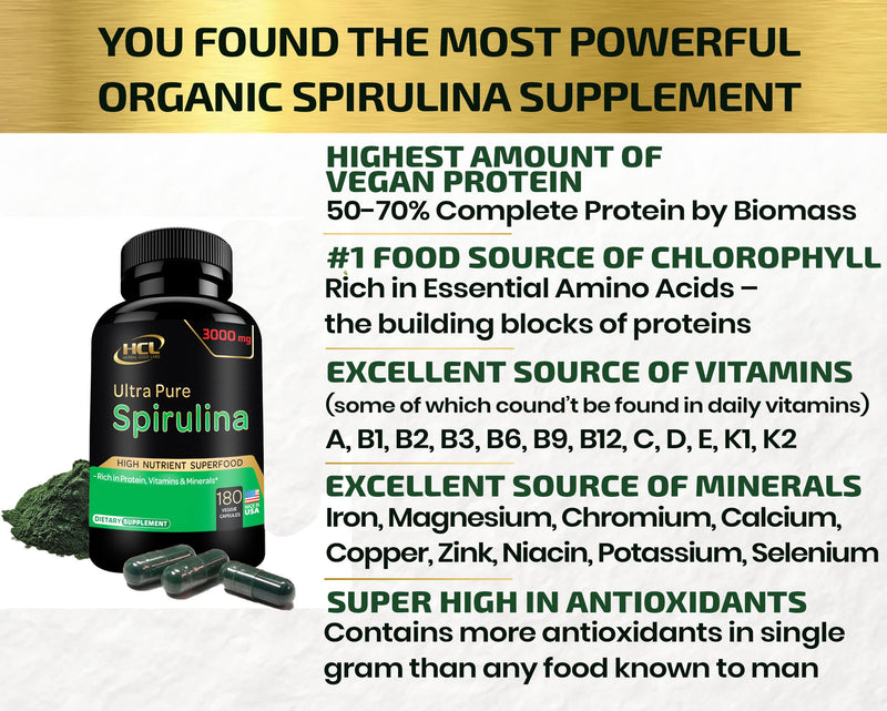 [Australia] - Organic Spirulina Powder Capsules 3000 mg - Purest Non-Irradiated Blue Green Algae - Best Raw Vegan Protein - Green Superfood - Natural Multivitamins – 180 pills Made in The USA 