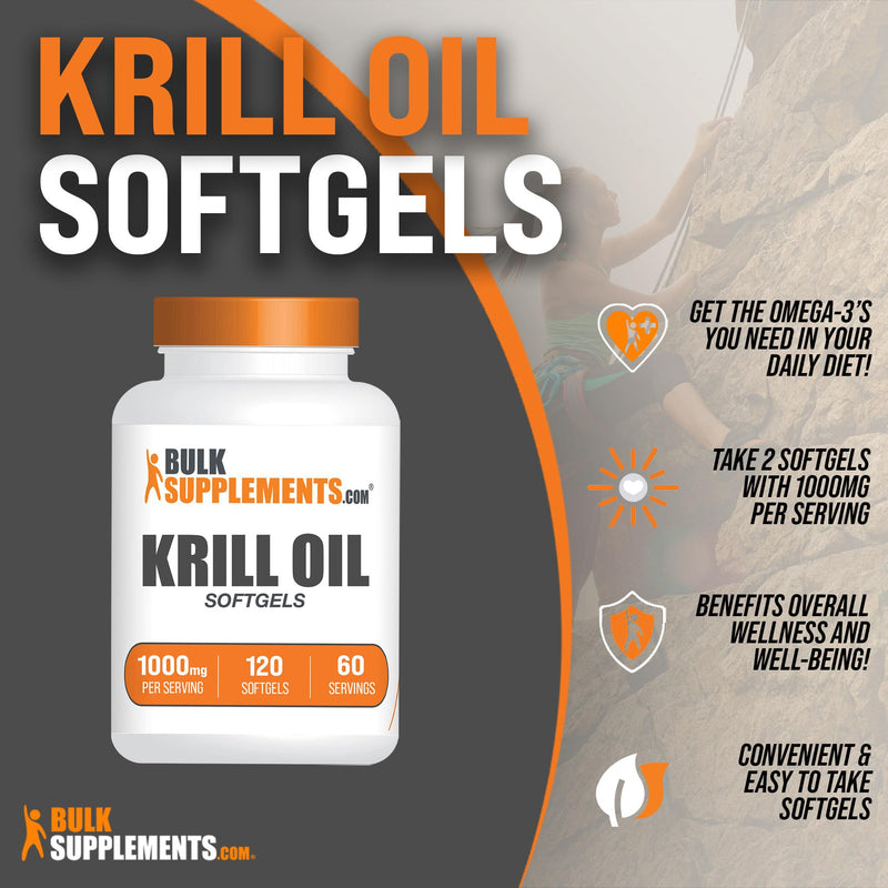 [Australia] - BulkSupplements.com Krill Oil 1000mg Softgels - Krill Oil Supplement, Antarctic Krill Oil, DHA Supplements - Krill Oil Omega 3, 2 Krill Oil Softgels per Serving (1000mg), 120 Softgels 120 Count (Pack of 1) 