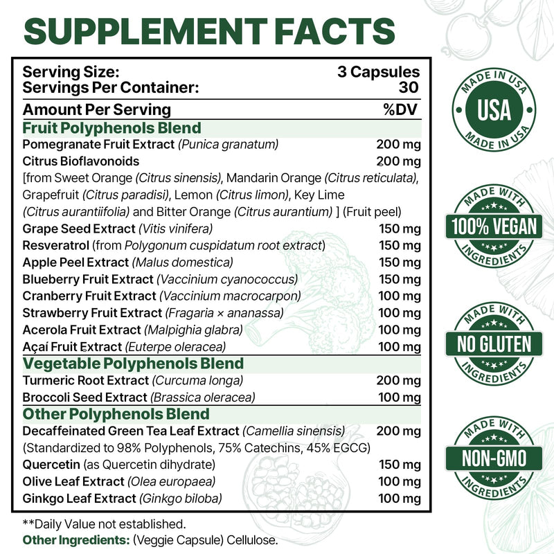 [Australia] - 2250 MG Polyphenols Supplement Over 20 Fruits, Vegetables & Polyphenols, Quercetin, Resveratrol, Turmeric, Green Tea, Powerful Antioxidants, Polyphenols for Age Defense, Immune System, 90 Capsules 90 Count (Pack of 1) 