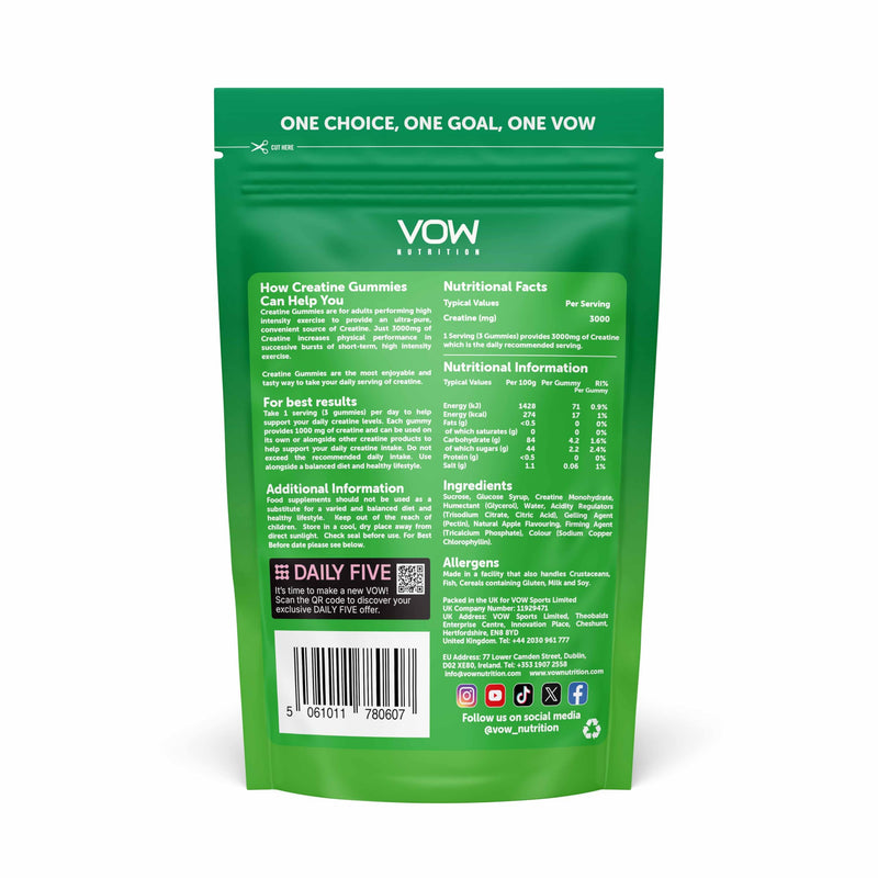 Vow Nutrition Creatine Gummies, 60 Gummys, Sour Apple, Creatine Monohydrate 3000mg (Sour Apple)