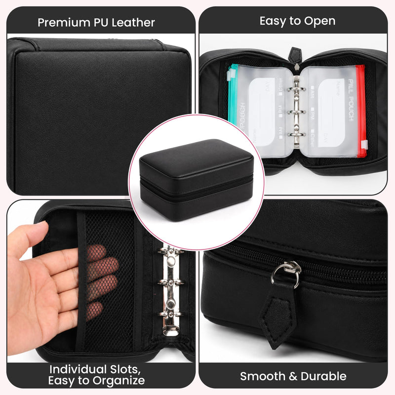 Waterproof Pill Organizer Set, 14 Pouches, Travel Storage Case (Black) | 14 Color-Coded Pouches, Waterproof PU Shell Leakproof Zippered Case, Lightweight for Daily Vitamins & Supplements