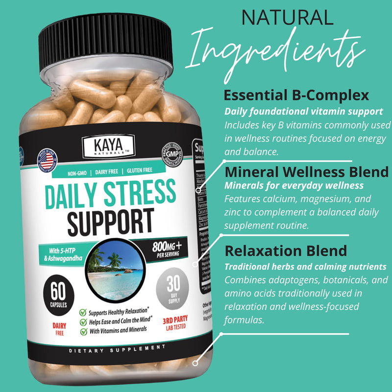 Kaya Naturals Daily Stress Support with Ashwagandha & GABA, 60 Capsules | Ashwagandha, GABA & L-Theanine, Rhodiola, Lemon Balm & Valerian, B Vitamins, Magnesium & Zinc, Daily Calm Support 1 Count (Pack of 60)