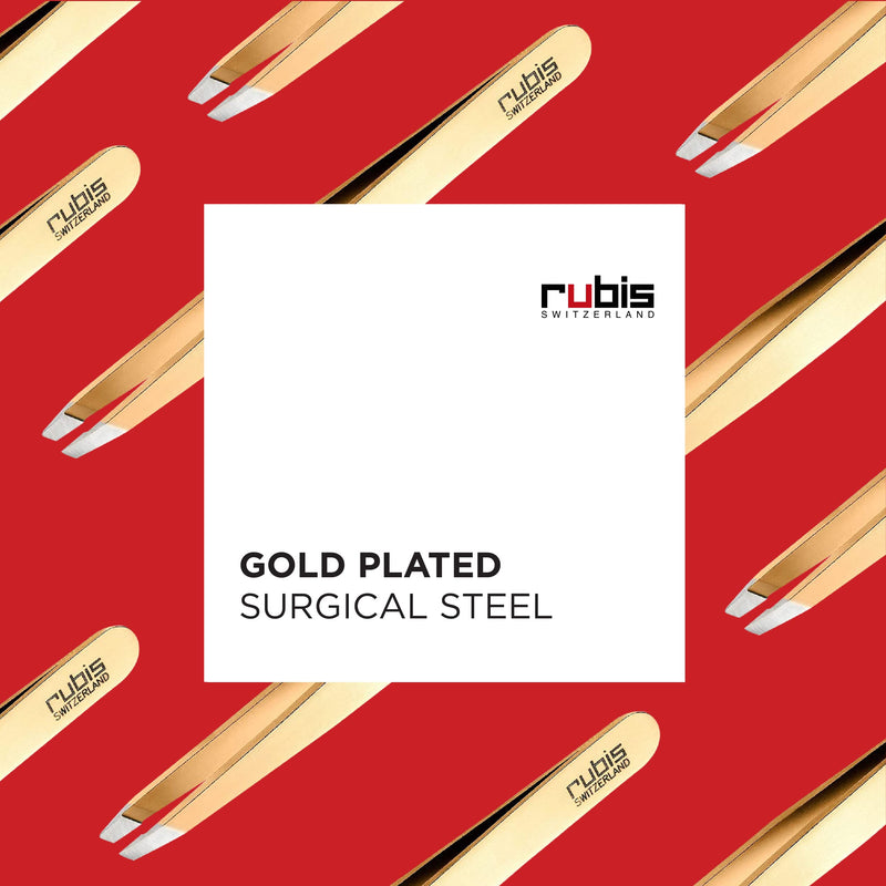 Rubis Classic Stainless Steel Slanted Tweezers for Precise Eyebrows and Hair Removal, The Gold Collection, Gold, 1K103