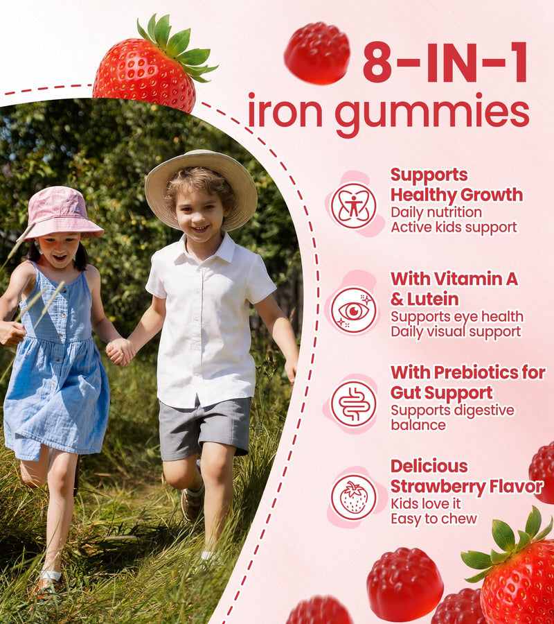 Iron Gummies for Kids & Teens, Kids Multivitamin with 20mg Iron Supplement, Vitamin A, C, B6 & Lutein – Sugar Free Multivitamin – Daily Nutrition & Eye Support, Strawberry Flavor, 60 Gummies 60 Count (Pack of 1)