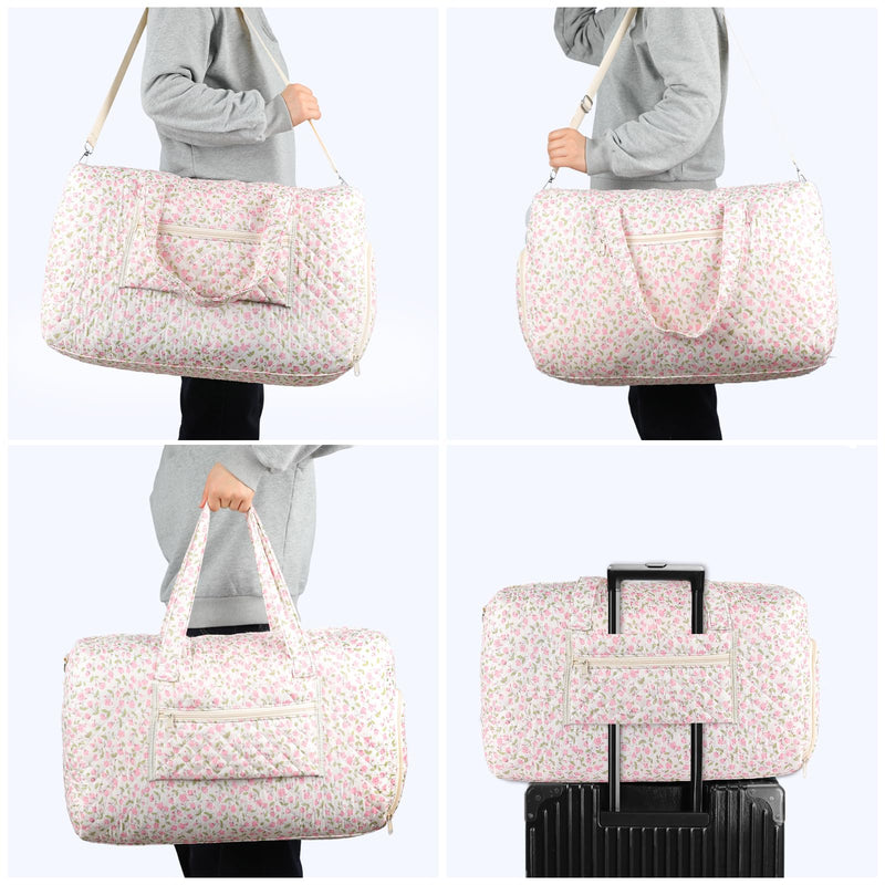 Floral Quilted Duffle Bag, Weekender Bag with Makeup Pouch Women | Floral Quilted Duffle Bag for Women, Spacious Weekender Travel Bag with Separate Shoe Compartment and Multi Pockets Pink flowers-1