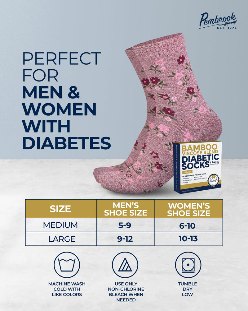 [Australia] - Pembrook Ankle Diabetic Socks for Women & Men - 4 Pairs Flowers, Moisture-Wicking Non Binding Socks Women, Neuropathy and Edema, Stretchy Wide Top Large Flowers Set 1 - 4 Pairs 