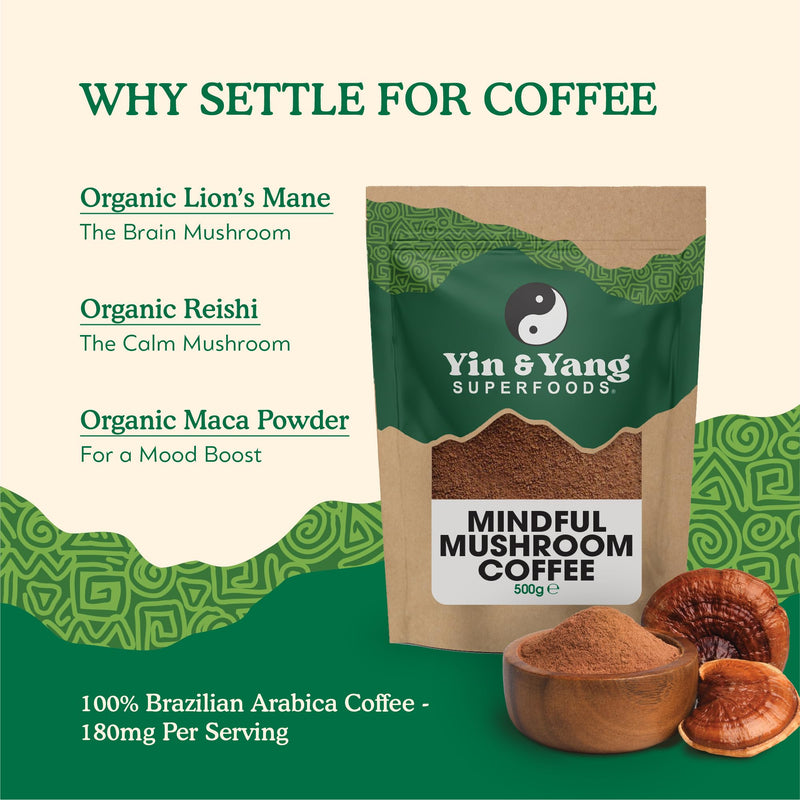 Mushroom Coffee 500g, by Yin & Yang Superfoods (100 Servings), Boost Focus & Immunity | Reishi, Lion's Mane, Brazilian Arabica Instant Coffee | Antioxidant Rich 500 g (Pack of 1)