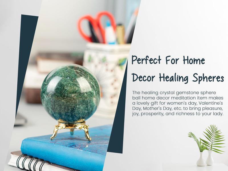 Crocon 35mm Green Aventurine Stone Sphere Ball with Metal Stand 1400+ Carats Gemstone Ball Healing Sphere Sculpture Figurine for Fengshui Divination Home Decoration Photography Crystal Sphere
