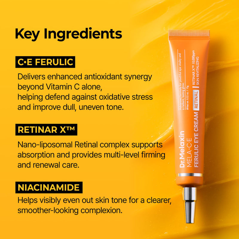 Dr.Melaxin Mela C·E Ferulic Eye Cream Dark Circles, Dark Spots & Wrinkles at Once, Retinal + Vitamin C Ferulic, Niacinamide, Korean Anti-Aging Eye Treatment, 0.52 oz, 15g