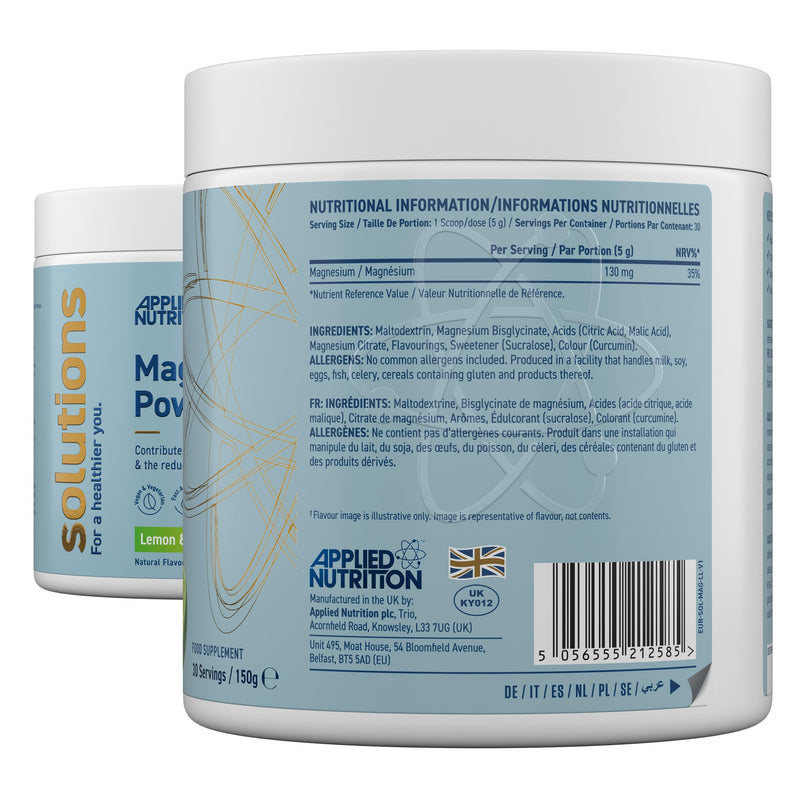 Applied Nutrition Solutions Magnesium Powder - Magnesium Bisglycinate & Citrate - 130mg per Serving for Nerve Function - Reduces Tiredness - Vegan - Halal (150g - 30 Servings) (Lemon & Lime) Lemon Lime 150 g (Pack of 1)