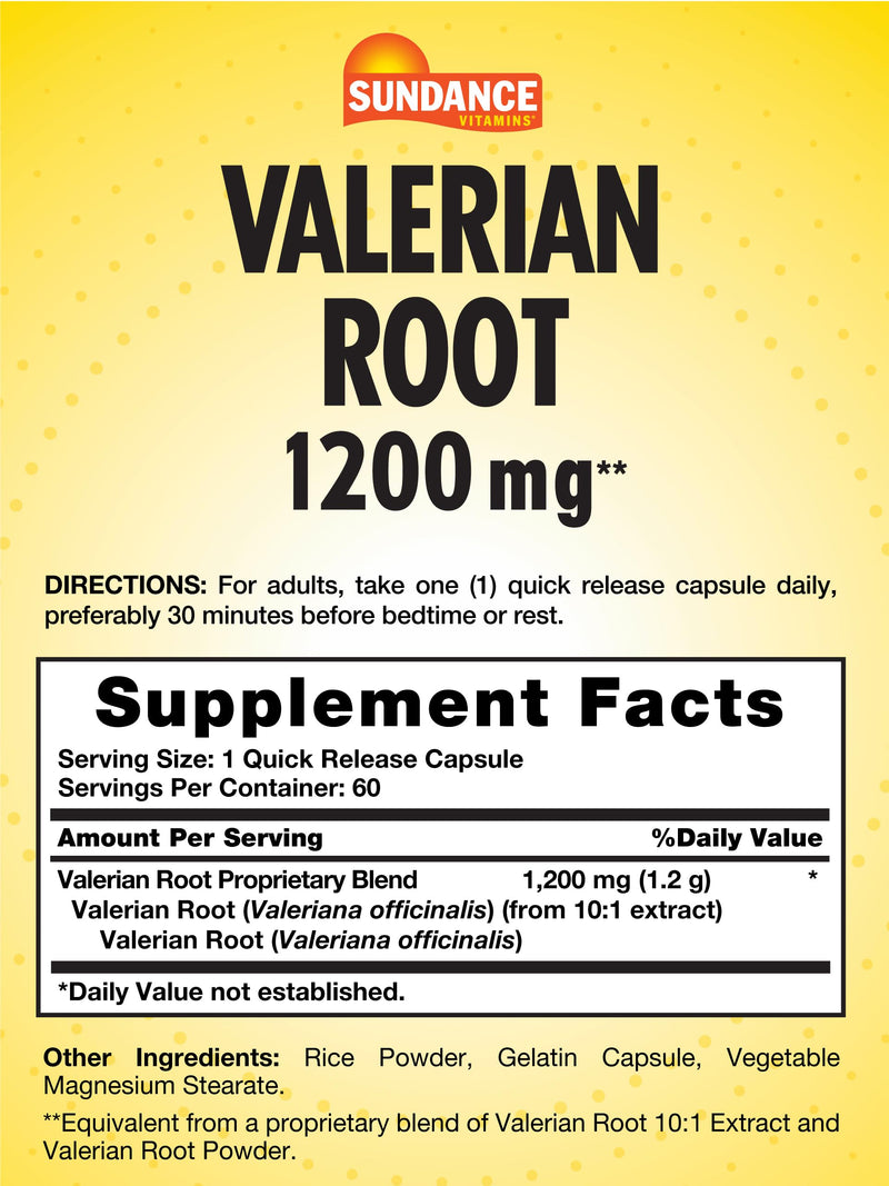 [Australia] - Sundance Valerian Root Supplement | 1,200mg | 60 Quick Release Capsules | Non-GMO and Gluten Free Formula 