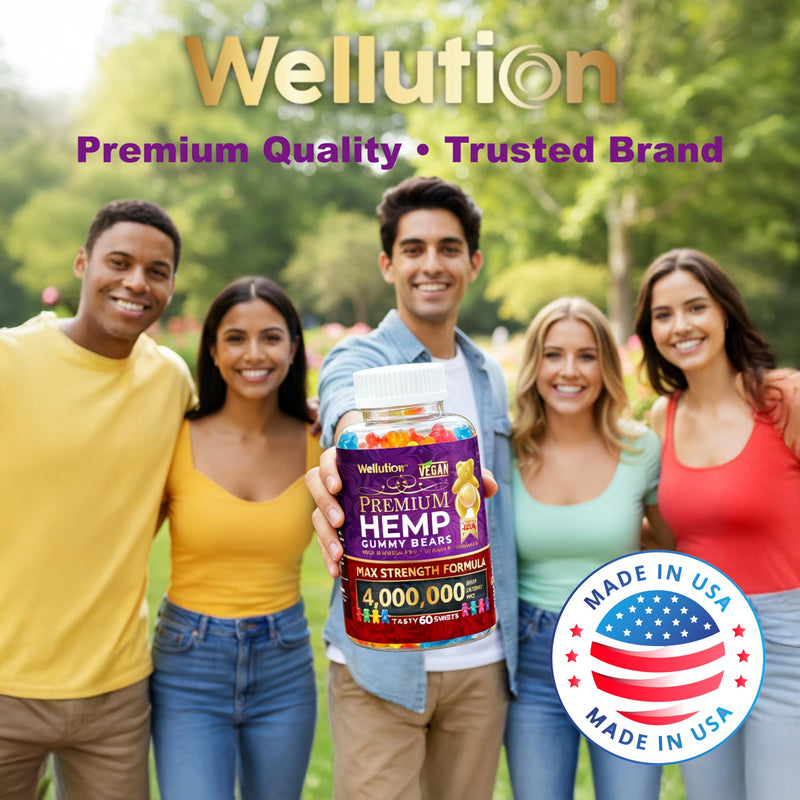 WELLUTION Hemp Gummies XXL 4,000,000 MCG - Vegan Gummy Bears with Natural Hemp Oil, Omega 3-6-9, Vitamins A & D - 60ct