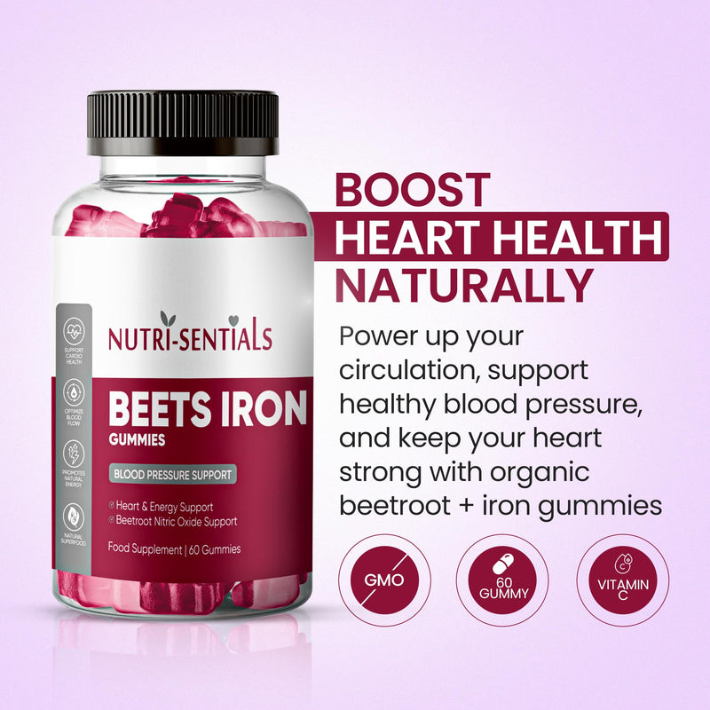 Organic Beet Root Gummies 200mg- Superfood Beets Supplement with Iron for Heart Health & Blood Pressure Support- Nitric Oxide Beets Iron Gummies for Energy & Stamina Boost- Vegan, Non-GMO- 60 Gummy