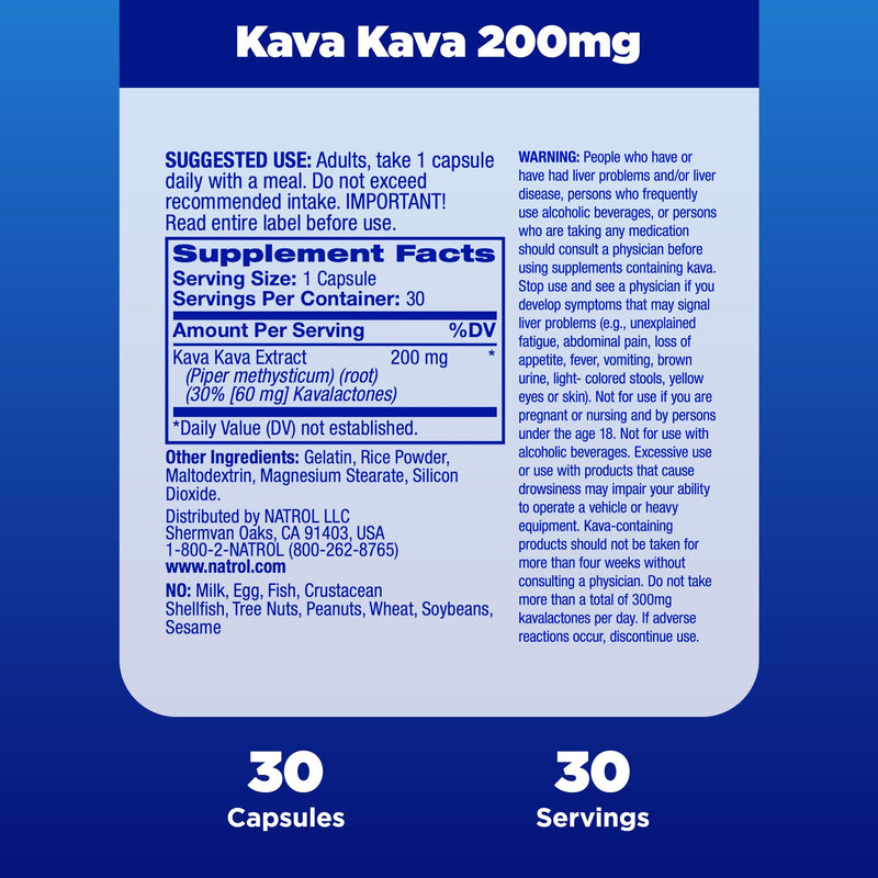 Natrol Mood & Stress Kava Kava 200mg, Dietary Supplement for Relaxation and Eases Tension, 30 Capsules, 15-30 Day Supply Unflavored 30 Count (Pack of 1)