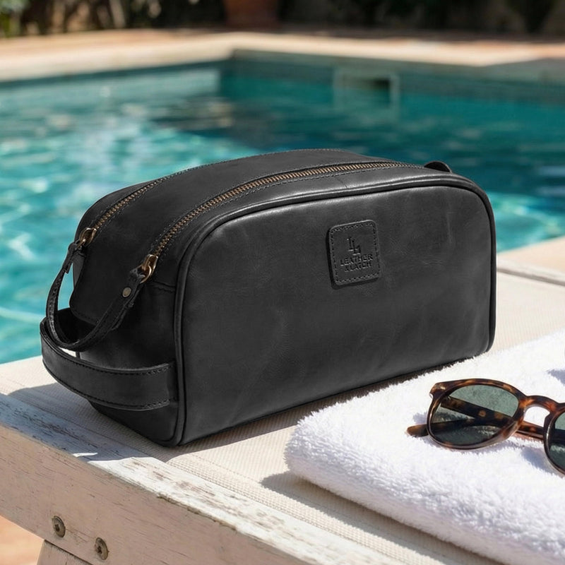 Full Grain Leather Toiletry Bag for Men & Women – Water-Resistant Travel Shaving Kit Organizer with YKK Zipper, Spacious Bathroom Grooming & Cosmetic Storage Case - Black