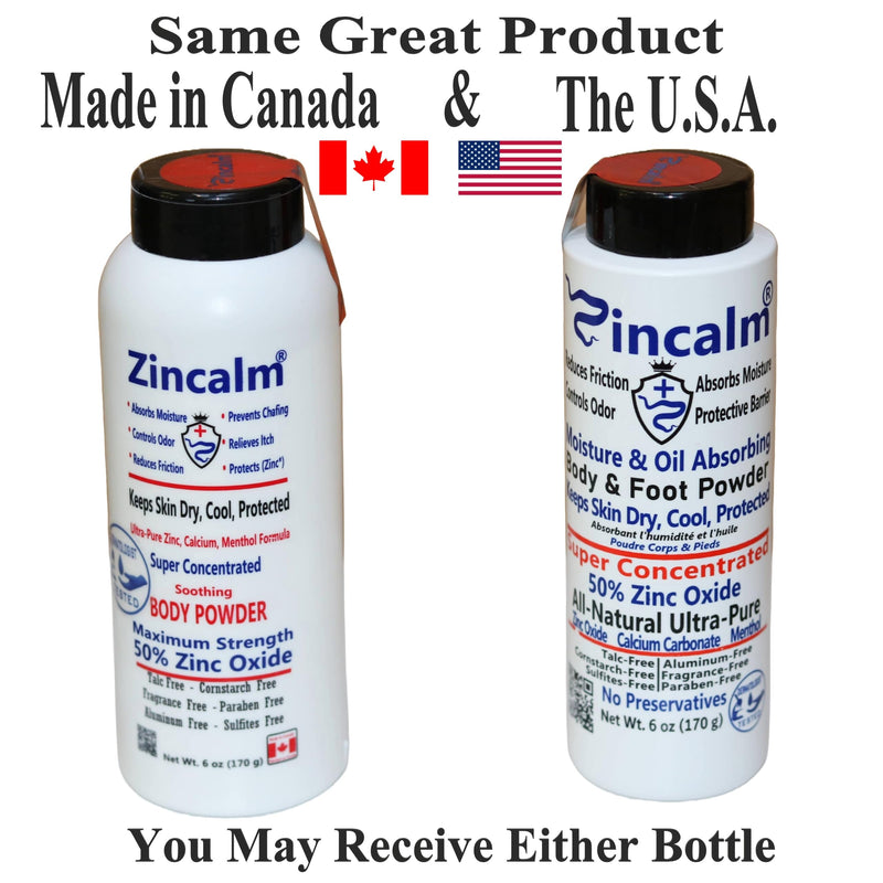 Zincalm All-Natural Body & Foot Powder, Concentrated 50% Zinc, Cornstarch-Free Moisture/Odor Absorbing Anti-Chafing/Friction, Itch Relief Formula for Dry/Cool Skin with Ultra-Pure Calcium & Menthol