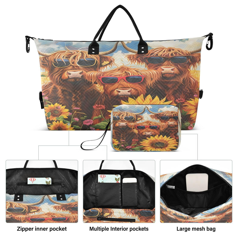 Flower Travel Duffle Gym Bag, Highland Cows Sunflowers Weekender for Women with Toiletry Bag Travel