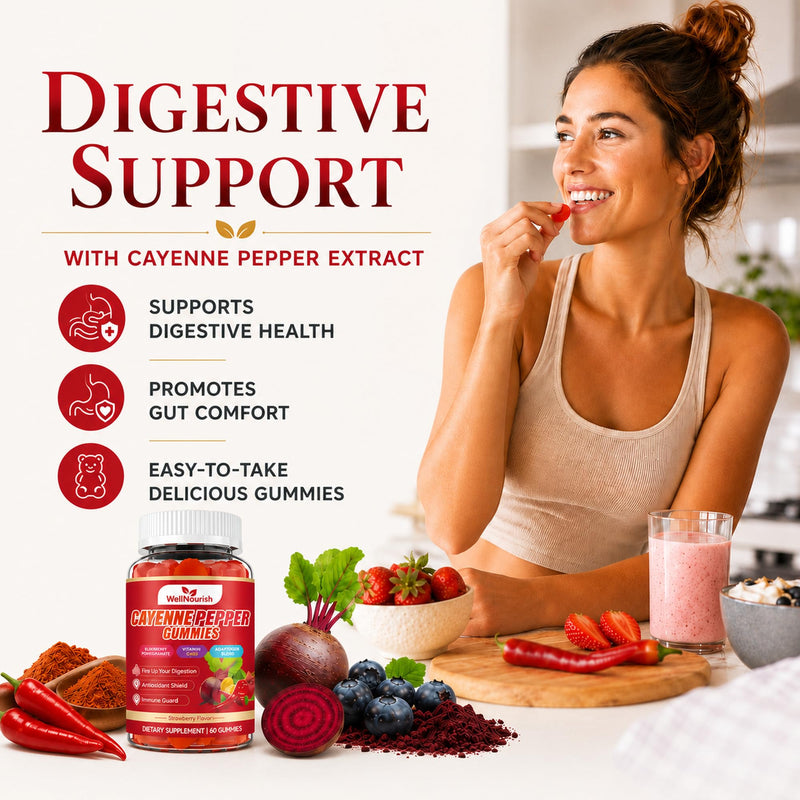 Cayenne Pepper Gummies with Vitamin C and D3, 60 Count | Sugar-free strawberry gummies with beetroot and adaptogen blend for circulation, digestive and immune support. 60 Count (Pack of 1)