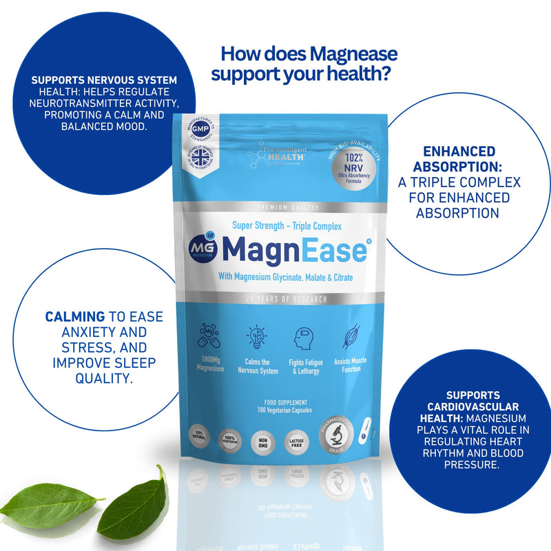 The Intelligent Health MagnEase Magnesium Glycinate 3-in-1 Complex - 1800mg High Bioavailability Magnesium Supplements - with Malate & Citrate for Muscle Function & Fatigue - 180 Capsules