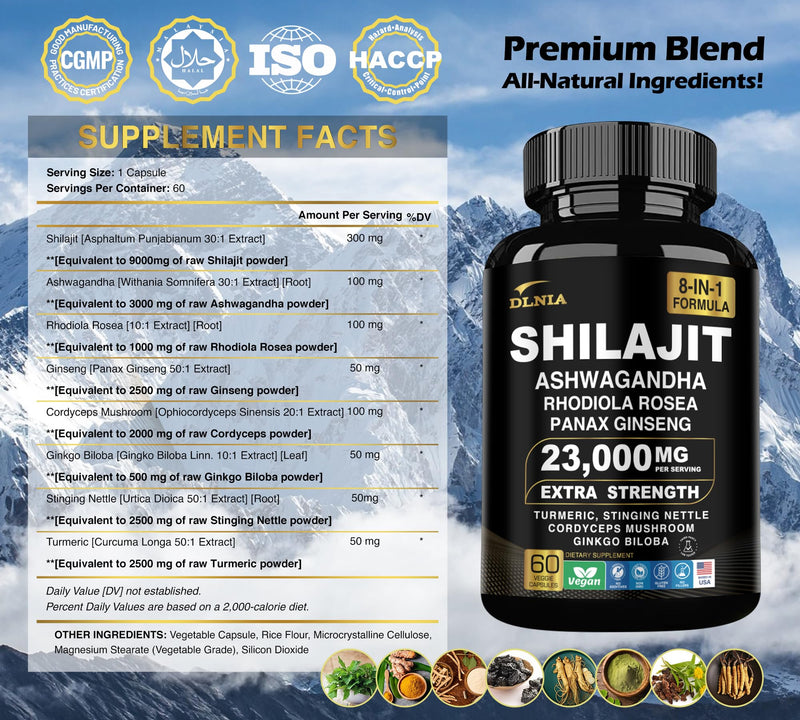 [Australia] - 8-In-1 Shilajit Pure Himalayan Organic Supplement 9000MG with Rhodiola Rosea 1000MG, Ashwagandha 2000MG, Ginseng, Gingko Biloba, Turmeric, Cordyceps Mushroom, Stinging Nettle for Full Body Power 