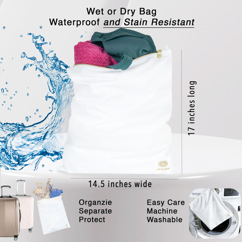 Antimicrobial Wet Swimsuit Bag Waterproof Odor & Mildew Control | White & gold, 2-layer, stain-resistant, inhibits odor-causing bacteria, machine wash, for swim, gym, spa & travel laundry