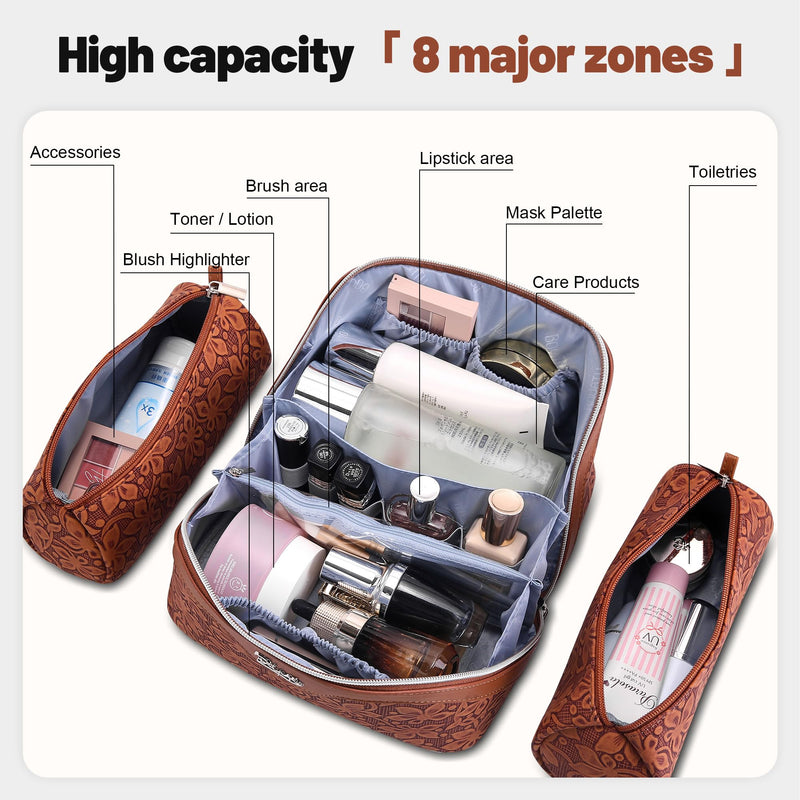 BOYATU Travel Makeup Bag Cosmetic Bags for Women: 3 Pcs Set Make up Bag | Large Capacity Waterproof Vegan Leather Organizer Bags with Compartments - Lay flat Toiletry with Handle (Z-61Brown) Z-61Brown
