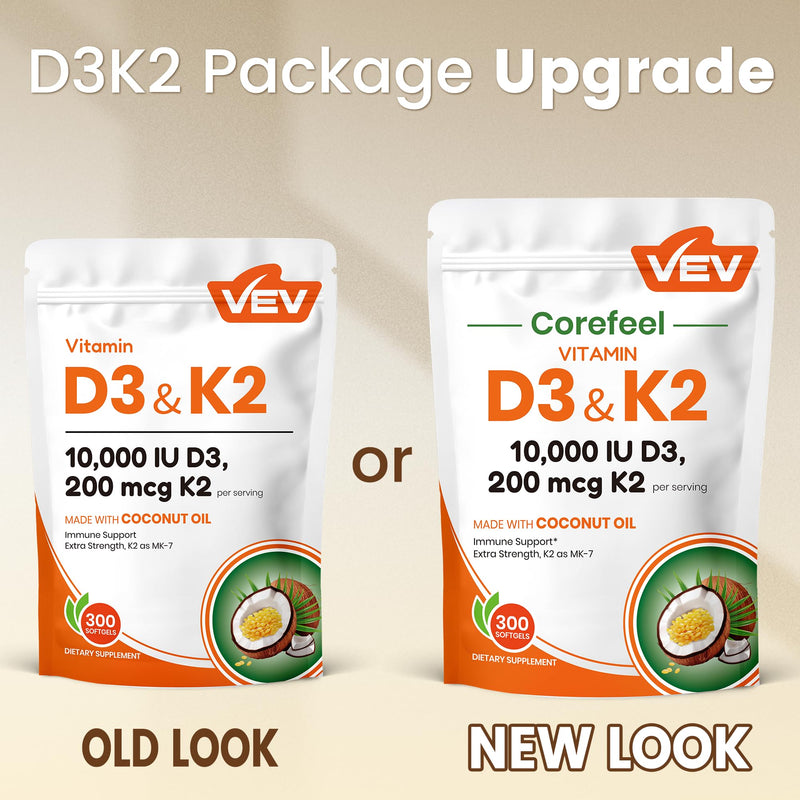 [Australia] - VEV Corefeel Vitamin D3 K2 10,000 IU, 200 mcg MK-7, 300 Coconut Oil Softgels, 2 in 1 Vitamins Supplement D & K (Include MK7), Easy to Swallow, Supports Calcium Absorption, Bone Health Unflavored 10000 IU Softgels 300 Count (Pack of 1) 