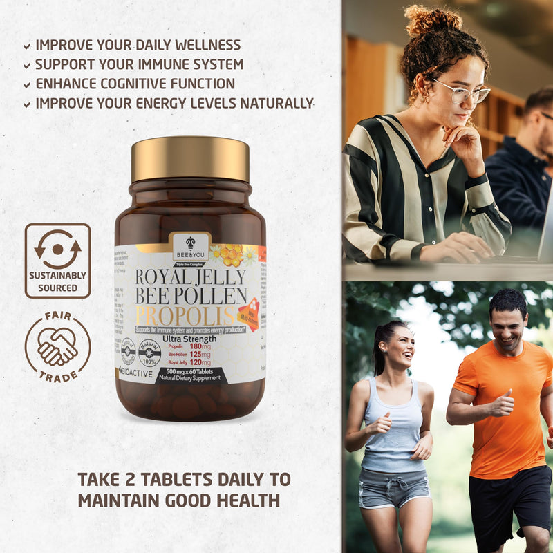 [Australia] - BEE and YOU Royal Jelly Tablet, Propolis Extract, Bee Pollen, 100% Natural Superfood, Ultra Pure, Immune Support Supplement, Improve Energy, Focus, Antioxidants, Fresh, Keto, Paleo, Gluten-Free | 60ct Royal Jelly 60ct 