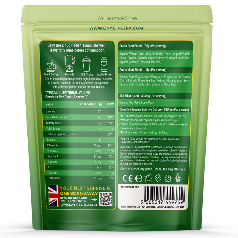 Super Greens Powder 30 Superfoods Blend with Spirulina Wheatgrass Chlorella Acai & Maca | Digestive Enzymes Probiotics Fibre Iron Vitamins | Vegan Gluten Free Natural Flavour | 300g 30 Servings