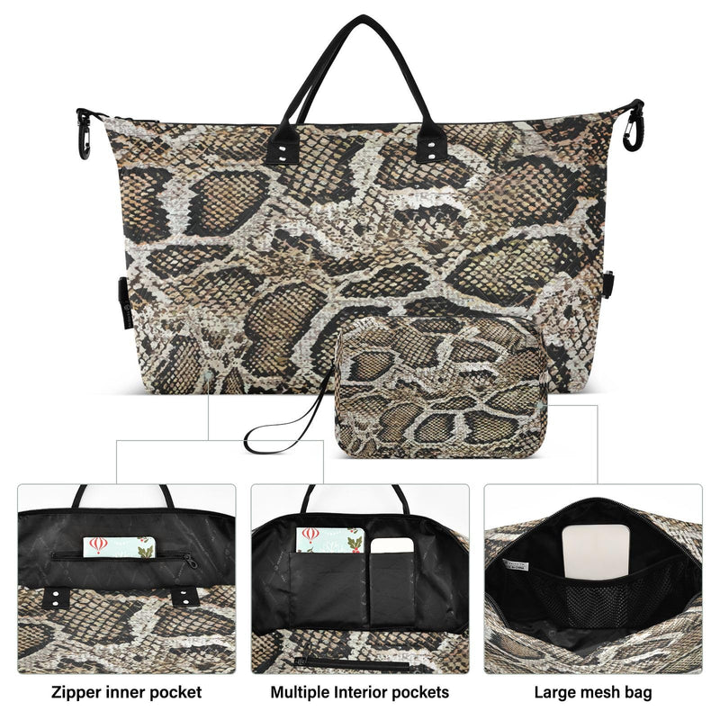 Aflyko Animal Print Travel Duffel Bag Snakeskin Dark Brown Sport Tote Gym Bag Weekender Overnight Bag for Men Women Flight Approved Carry On Bag Fitness Dance Go-To Bag Daily Bag Multi-019