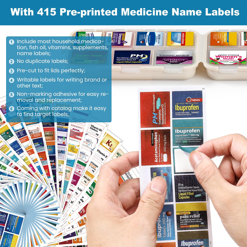 3 Pack 14 Grids Travel Pill Organizer Box with 415-Pcs Medicine Name Labels - Pocket Daily Pharmacy Case Container Kit - Travel Medication Holder Dispenser for Fish Oil Vitamin, Khaki+Pink+Sky Blue Khaki+pink+blue with Bulk Med Labels