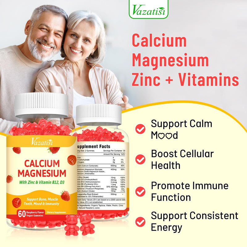 2 Pack Calcium Gummies with Magnesium, Zinc, Vitamin D3 & B12, Calcium Supplements for Women Men, Support Bone, Muscle and Immunity, 120 Vegan Raspberry Flavor Gummies 60 Count (Pack of 2)