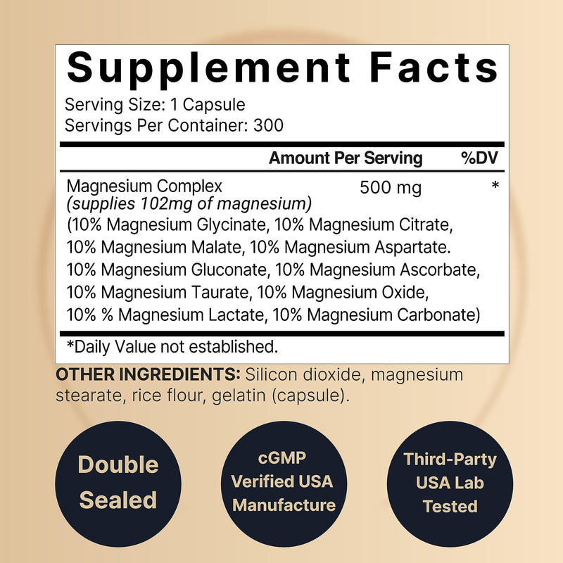 NatureBell Magnesium Complex Supplement 500mg, 300 Capsules | 10 Active Forms – Glycinate, Citrate, Taurate, Plus More | 100% Chelated & Purified | Bone, Heart, & Muscle Support | Non-GMO Magnesium Complex 500mg 300 Count (Pack of 1)