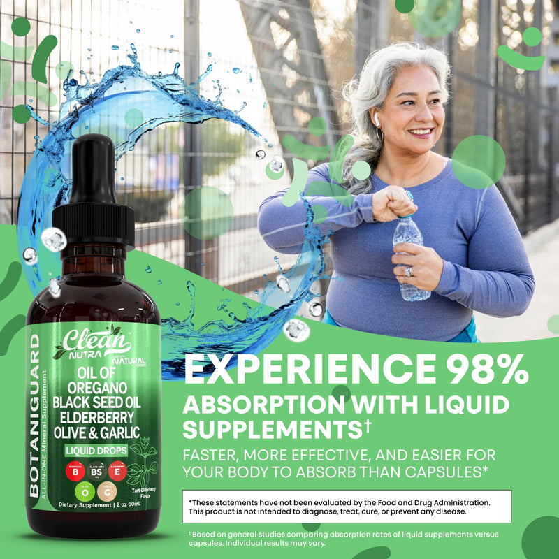 [Australia] - Clean Nutra Oil of Oregano Drops Black Seed Oil Elderberry Vitamin D D3 K2 Olive Garlic Immune Support Supplement Wellness Formula Zinc Supplements Liquid 2 Fl Oz BotaniGuard Vegan, Non-GMO 