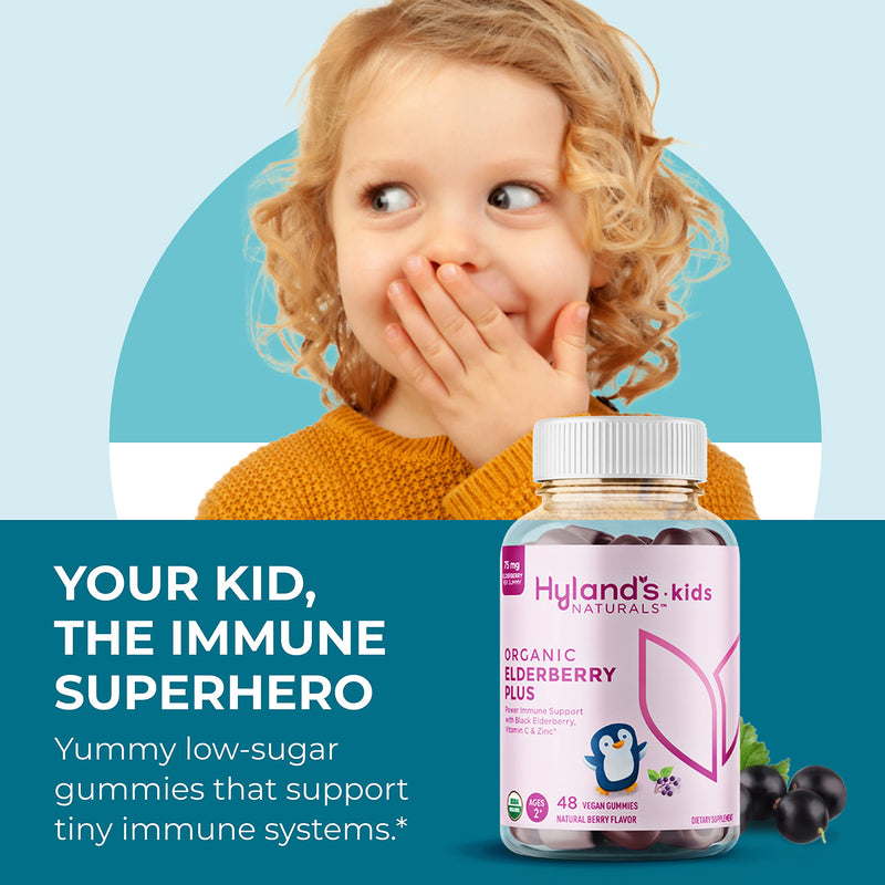 Hyland's Kids Organic Elderberry Plus Gummies, Organic Black Elderberry with ZINC and Vitamin C, Immune Support for Children, 48 Vegan Gummies (Pack of 2) Kids - 96 Count
