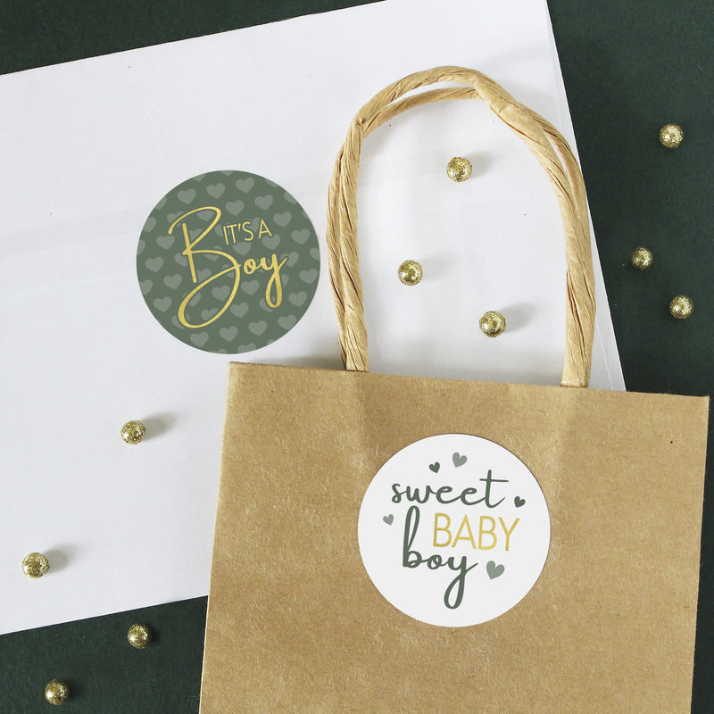 [Australia] - Green It’s a Boy Baby Shower Stickers, Greenery Sweet Baby Boy, 1.75 in. Round Favor Bag Labels - 40 Count 