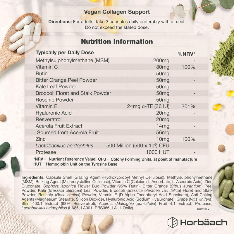 Vegan Collagen Supplements for Women & Men | with Hyaluronic Acid, Vitamin C, Zinc & More | Blend of 14 Nutrients Including 500 Million CFU Acidophilus | Collagen Support | 120 Capsules | by Horbaach