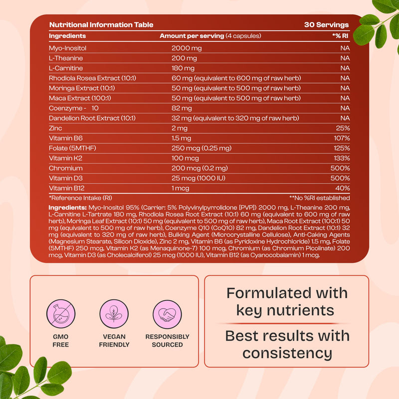 Her Inositol Blend - Myo-Inositol PCOS Supplement, 15-in-1 Formula with Folic Acid, Moringa, CoQ10, L-Carnitine, Dandelion Root & Rhodiola - 120 Vegan Capsules for Hormone Balance & Ovulation