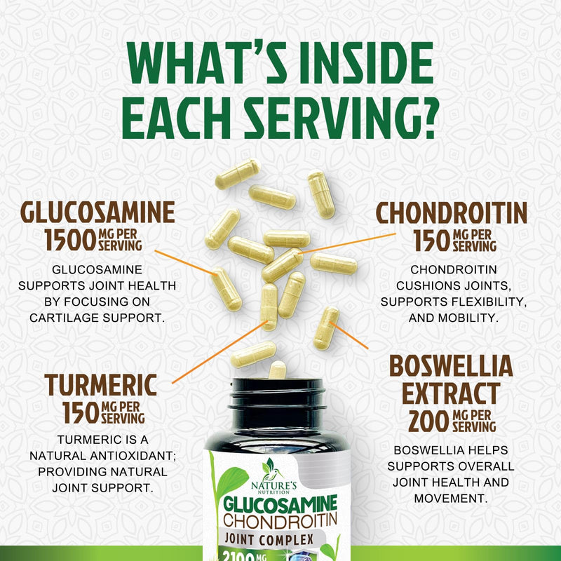 Nature's Nutrition Glucosamine Chondroitin MSM Capsules - Triple Strength Joint Health Support Supplement with Turmeric & Boswellia - Joint Flexibility Support Easy to Swallow Capsules - 60 Count 60 Count (Pack of 1)