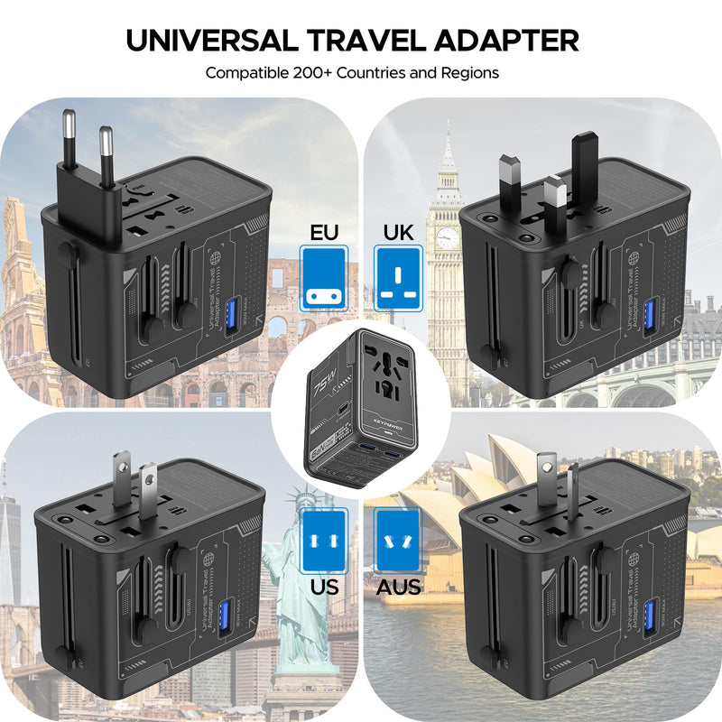 Universal Travel Adapter 75W GaN, International Power Adapter | All in One Travel Plug Adapter with 3 USB C, 1 USB A, Worldwide Outlet Wall Charger Converter for EU US UK AU 200+ Countries.